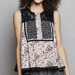 POL Printed Woven Lace Back Round Neck Sleeveless Top